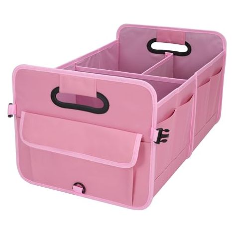 Organizador de maletero de coche Austoces, plegable, duradero, con múltiples compartimentos y correas ajustables (rosa)