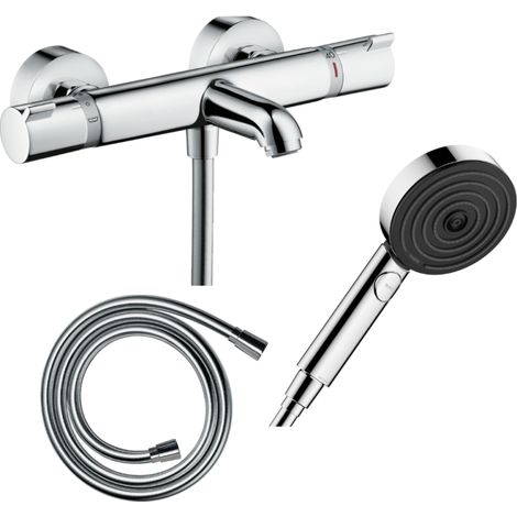 HANSGROHE Pack mezclador termostático para baño ducha Ecostat Comfort + flexo Isiflex 160 cm + rociador Pulsify Select EcoSmart 105 cromados