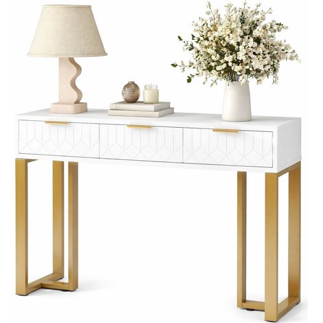ELVMI Mesa consola con 2 Cajones y Patas Ajustables para Recibidor y Salon en MDF Lacado Blanco y Oro (1/5)