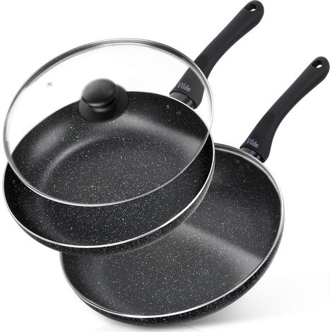 Set aus Granit-Bratpfannen mit Glasdeckeln, schwarzer Rand, 24/28 cm, 2 Stück. (1/5)