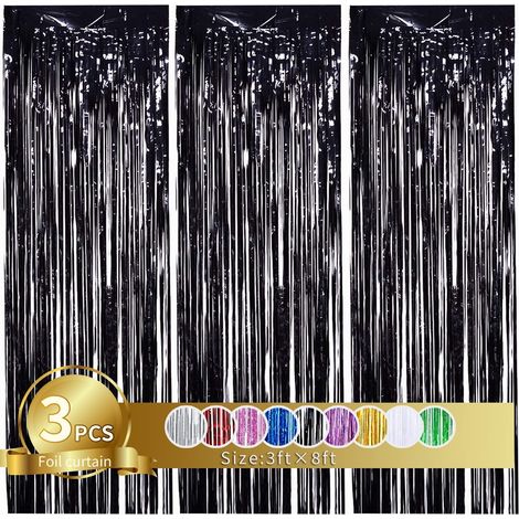 3 schwarze, metallisch glänzende Fransenvorhänge aus Folie, 1 m x 250 cm schwarze Bändervorhänge, Studio-Hintergrund, Studio-Requisiten, ideal für Junggesellinnenabschiede, Geburtstagsdekorationen, We (1/5)
