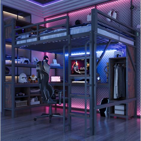 Lit mezzanine adulte 140 × 200 cm avec bureau, penderie et rangements, éclairage LED intégré, prises EU, structure en métal noir (1/5)
