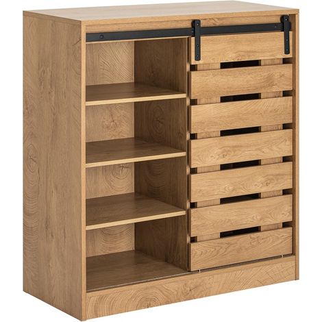 Sobuy – Meuble à chaussures avec porte coulissante – Style grange – 4 étagères – Dimensions 80x35x89 cm – Panneaux de particules – FSB65N
