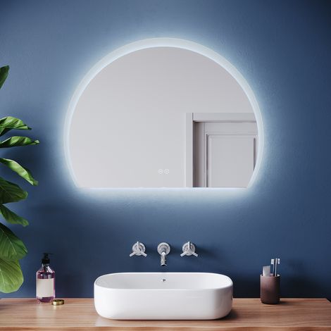 SIRHONA Miroir lumineux de salle de bain - Miroir semi-circulaire antibuée avec fonction mémoire, trois couleurs réglables, 100 x 70 cm