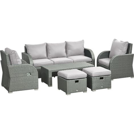 6-Piece Outdoor Rattan Dining Set with Reclining Chairs and Metal Frame in Grey - Perfect for Garden and Patio Use