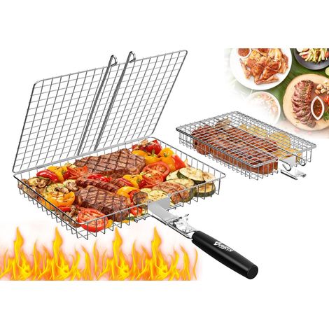 Lot de 2 paniers barbecue pour en acier inoxydable avec poignée bois amovible - Accessoires la viande, le poisson, les légumes, fruits mer, cadeaux homme (1/5)