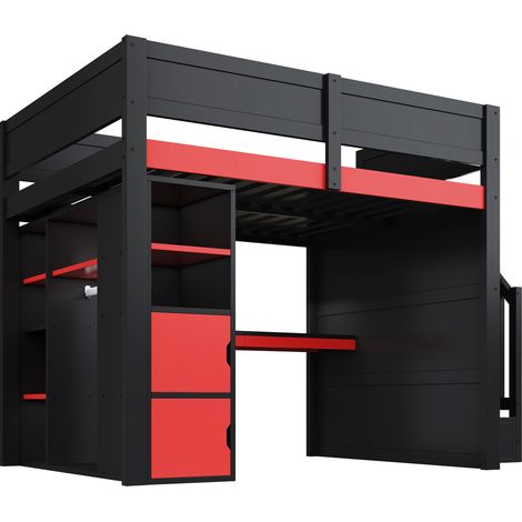 Lit superposé gaming 140x200 cm avec bureau, éclairage LED et port USB
