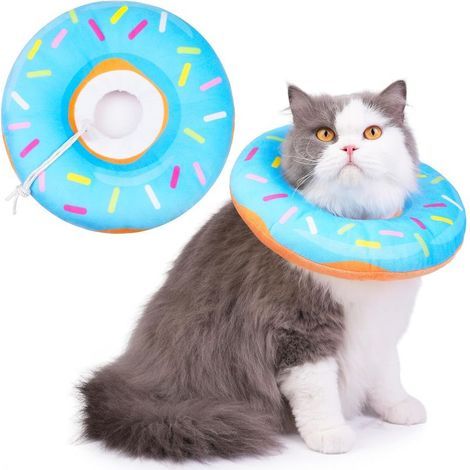Collier cône pour chat doux, collier de récupération pour chat pour la cicatrisation des plaies, mignon beignet pour chat cône réglable pour chat pour empêcher le léchage, bleu (1/5)