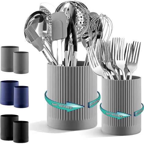 Set of 2 Kitchen Utensil Holder, 360° Rotatable - Extra-Large Plastic Countertop + Small Container for Cutlery, Toothbrushes, Pens (1/5)