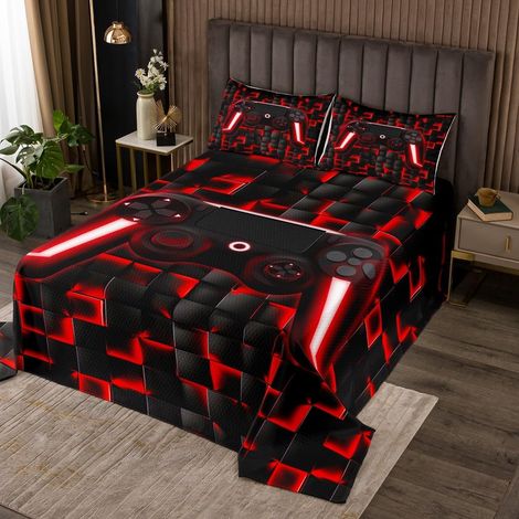 Jeu Couvre-Lit pour Garçons Jeu Géométrique Enfants Couverture de Lit 260x240 Rouge Noir Tartan Poignée de Jeu Dessus de Lit pour Hommes,Jeu Vidéo Literie Set Neon Game Controller pour Garçons Chambre (1/5)