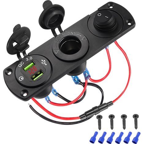 Toma de mechero de coche de 12 V - Panel de salida USB doble QC3.0 - Cargador impermeable 3 en 1 precableado con voltímetro/interruptor digital para embarcaciones marinas (1/5)