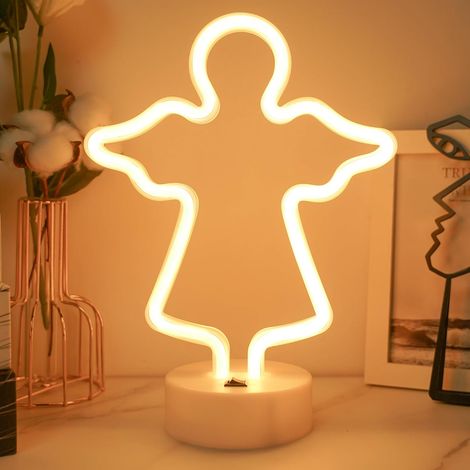 Panneau néon avec ange, veilleuse pour chambre à coucher, lumière blanche chaude, LED, alimentée par batterie/USB, avec base, pour la maison, anniversaire, bar, fêtes, cadeaux
