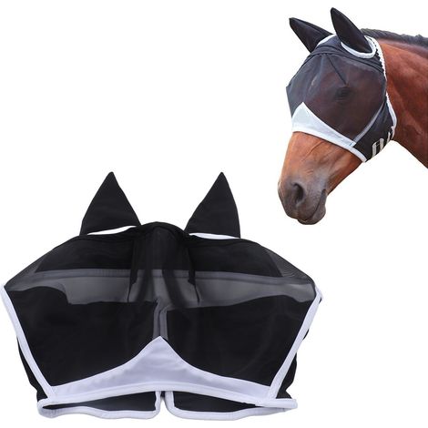 Masque pour cheval anti-insectes avec oreilles Noir - Confortable, respirant et design en maillage fin pour protéger les yeux et éviter les insectes volants - Équipement pour chevaux avec fermeture aj