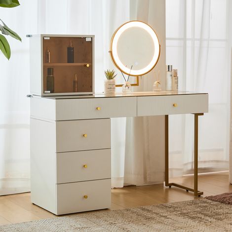 Friseuse mit rundem Spiegel, LED-Beleuchtung, Tischplatte aus Glas, 4 Schubladen, Türen, Holzkommode, Moderner Stil - Weiß