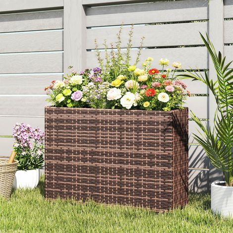 Aiuola rialzata con piedini regolabili, fioriera in rattan con inserto removibile per patio e balcone, marrone