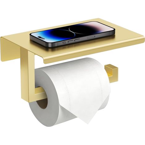 Porte-papier toilette de salle de bain avec étagère pour téléphone, porte-rouleau de papier toilette doré à visser, support mural en acier inoxydable SUS304 moderne pour salle de bain, cuisine (1/5)