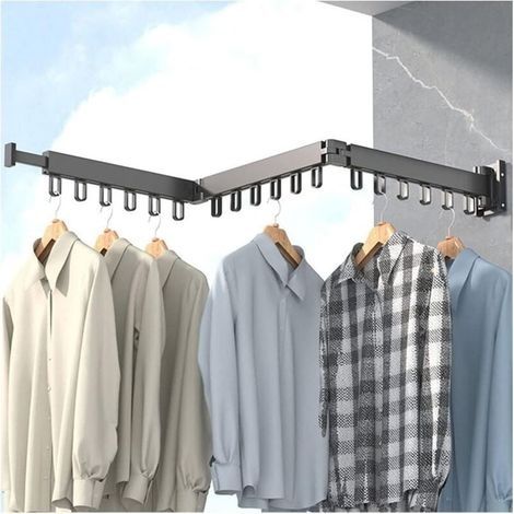 Porte-vêtements Étendoir à Linge Mural rétractable avec Crochets, Rotatif à 360 °, tri-Pliable pour Balcon, buanderie, Salle de Bain (Noir) (1/4)