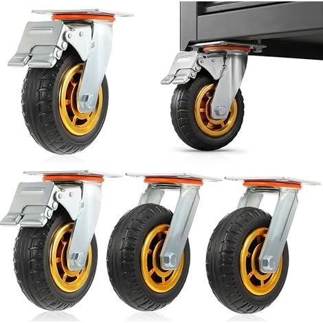 Lot de 4 roulettes industrielles en acier et caoutchouc pour chaises de bureau, roulettes pivotantes de 15 cm avec frein et roulettes fixes de 15 cm, roulettes de rechange universelles (1/5)