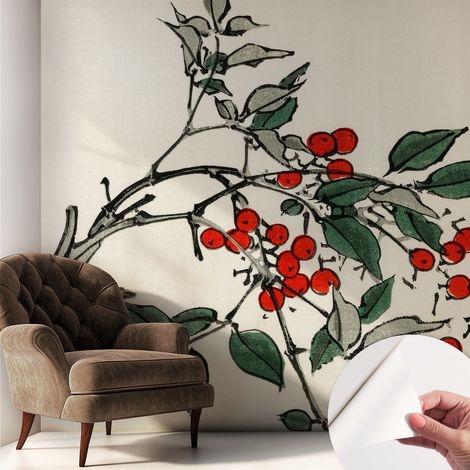 Papier peint adhésif avec colle pour décoration moderne de salon chambre à coucher cuisine et bureau Facile Une branche de baies 250x250 cm (1/5)