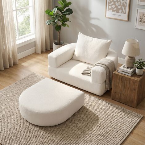 URBAN MEUBLE Canapé fauteuil convertible 2-en-1 matelas de sol modulable en chenille blanc avec oreiller intégré (1/5)