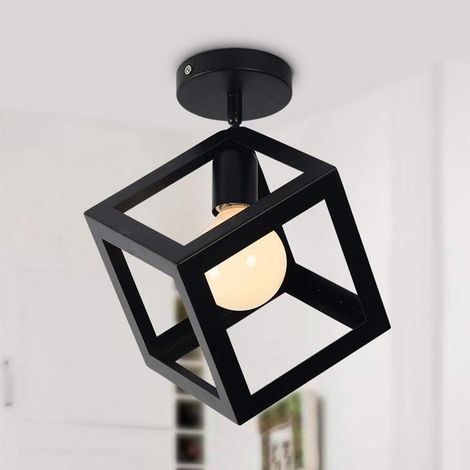 Plafonnier Industrielle Rétro en Métal Géométrie Cage E27 Moderne Lustre Suspension Luminaire L'éclairage Fer Lampe de Plafon Cube Couloir, Noir (1/5)