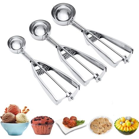 Ice cream scoop, 3-piece cookie scoop set, stainless steel ice cream scoop with trigger release function. (1/4)