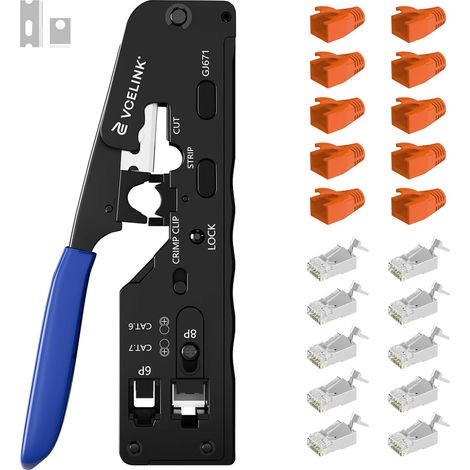 Pince à Sertir RJ45 avec Connecteur RJ45 Cat7 Cat6A Blindé fiche RJ45 avec guide fil, fiches pass through blindées pour installation câble réseau ethernet domestique et bureau (1/5)