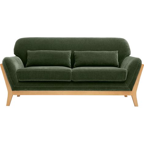 Divano scandinavo a 2 posti in tessuto effetto velluto verde kaki e legno chiaro YOKO (1/5)
