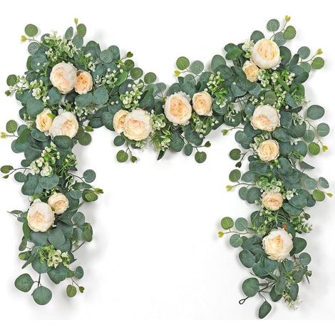 Branche d'eucalyptus - Eucalyptus - Guirlande de fleurs artificielles faite main avec pivoines et roses - 2 pièces - Rose - Mariage (1/5)