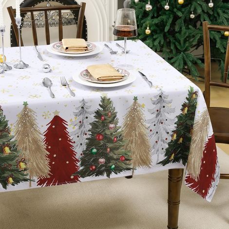 Mantel navideño rectangular de 240 x 140 cm, blanco con estampado de copos de nieve. Decoración moderna para mesas de exterior, jardín y fiestas. (1/4)