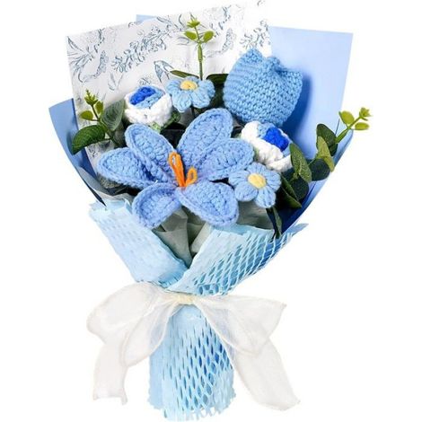 Bouquet Tricote Main, Tulipes Roses Paquerettes pour Fete des Meres, Anniversaire, Cadeaux Enseignants, Decoration Maison Bleu