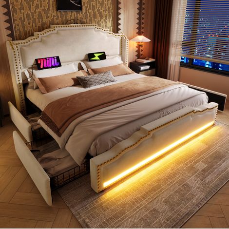 Polsterbett 160×200, Doppelbett mit 4 Schubladen, LED-Beleuchtung und USB-C-Ladeanschluss, Stauraumbett und Jugendbett mit Lattenrost, Samt, Beige, ohne Matratze (1/5)