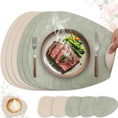 Set de Table Lavable et Antidérapant, Sets de Table en Cuir PU Ovale 41x33cm(Vert Clair + Beige) (1/5)