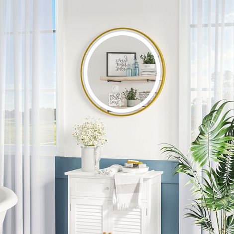 Specchio da bagno Kleankin con luce LED touch, funzione memoria, luminosità e colore regolabili e orologio, Ø60x4 cm, oro