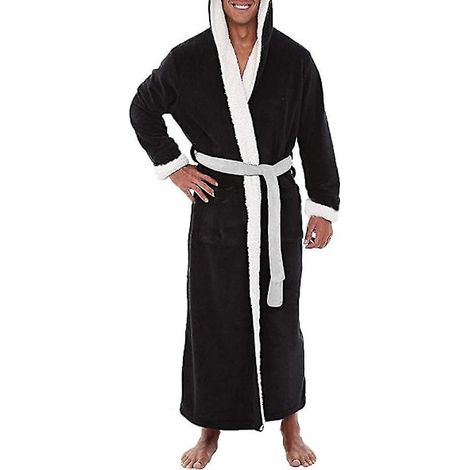 Peignoir long à capuche pour homme, doux et confortable, noir, taille L. (1/2)
