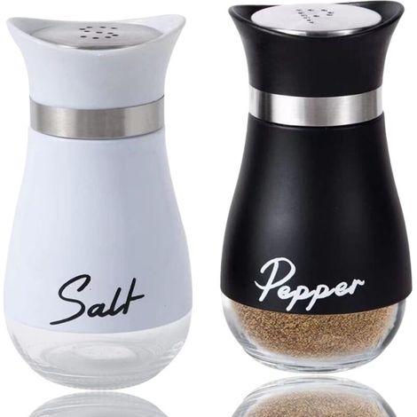 Deux ensembles de salière et poivrière en acier inoxydable avec bases en verre, adaptés aux cuisines, maisons et salles à manger. (1/5)