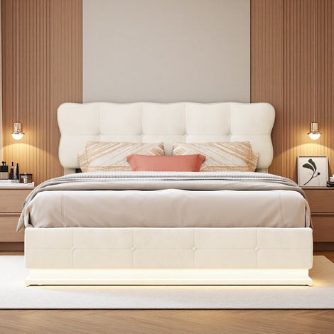 Polsterbett 160x200cm, mit Luftdruckspeicher, Komfort-Rückenlehne, Doppelbett mit LED, Stauraumbett, Erwachsenenbett, Velours beige (1/5)