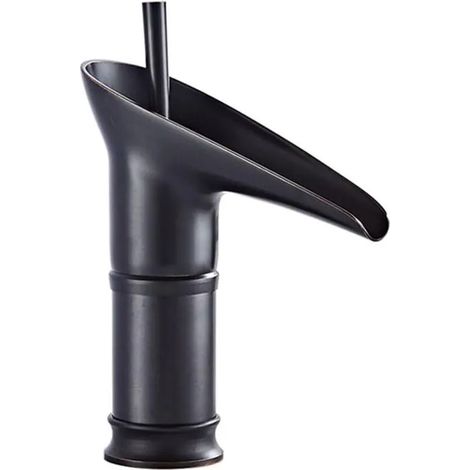 Robinet de lavabo cascade à poignée unique, montage sur plan, vasque monotrou, eau chaude et froide, finition noir (1/4)