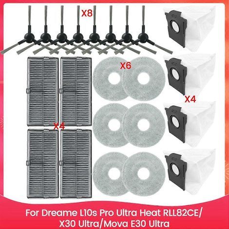 Pour les aspirateurs Dreame L10s Pro Ultra Heat RLL82CE, X30 Ultra et Mova E30 Ultra : filtre de brosse latérale et chiffon de nettoyage. (1/5)