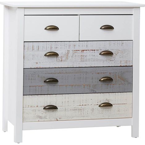 Altobuy – Commode 5 tiroirs pin massif laqué – Aspect vieilli blanc et grisé – Dimensions 79x40xH80 cm – Style vintage élégant (1/5)