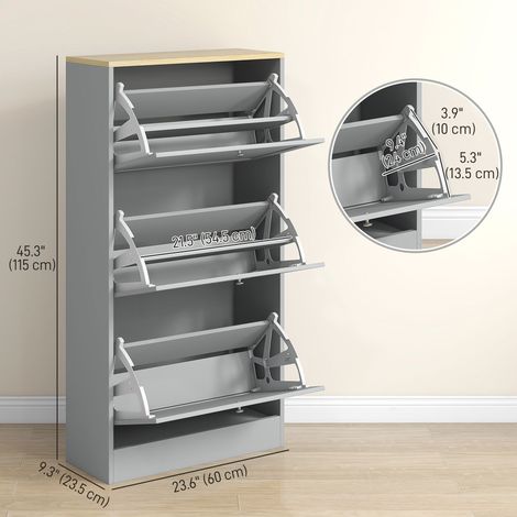 Meuble à chaussures gris moderne avec 3 tiroirs à ouverture rabattable et étagères réglables, pouvant contenir 18 paires de chaussures. (1/5)