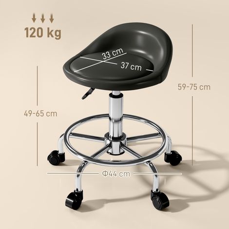 Tabouret à roulettes réglable avec dossier 59-75 cm, pivotant 360°, assise confort, pour bureau salon massage spa esthétique, noir (1/5)