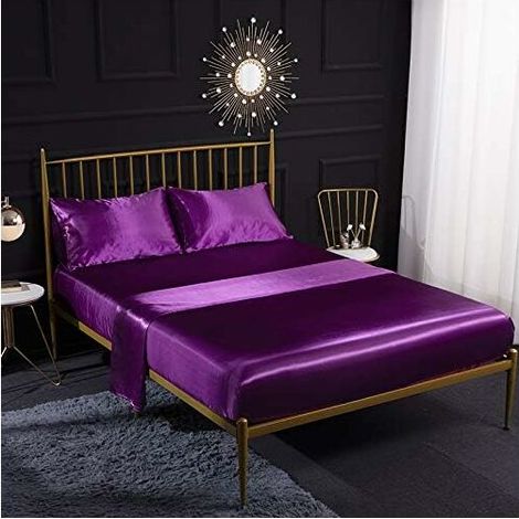 4pcs Cream Silk Satin Bedding Set with Fitted Sheet, Flat Sheet, Pillowcase, Breathable, Soft and Comfortable for Double Bed (Purple) 138x190x35cm (1/5)