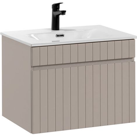 Waschtisch 61 cm Keramik Waschbecken IRAKLIO-56-CASHMERE Beige Rillen Design, B/H/T ca. 61/49/46 cm (1/4)