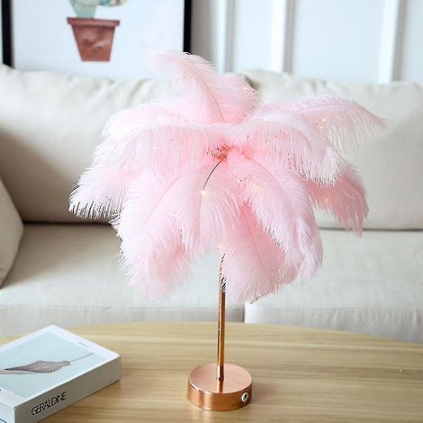 Lampe de table à plumes avec télécommande, alimentation USB/piles AA, bricolage créatif, lumière chaude, abat-jour en plumes d'arbre (1/4)