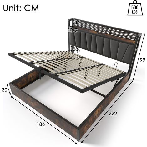 Lit métallique 180 x 200 cm gris sans matelas. Éclairage LED pilotable par appli, recharge USB, cadre à lattes bois