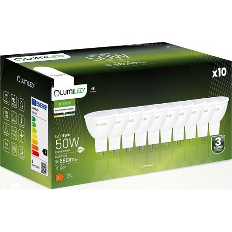 10 lampadine LED GU5.3 Spotlight MR16 6W = 50W 580lm 4000K Neutro 120° 12V LUMILED