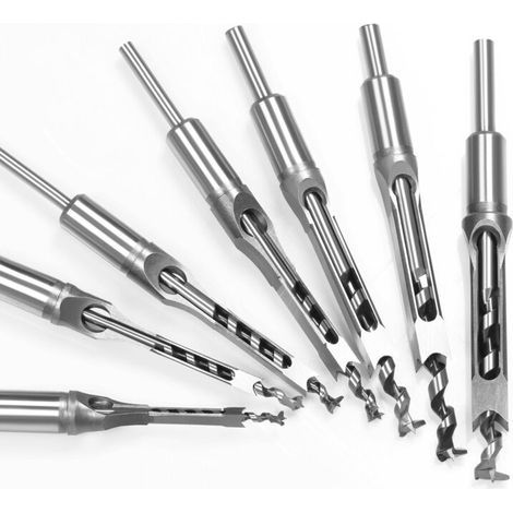 Set di 7 scalpelli per mortasare e punte per fori quadrati per la lavorazione del legno, sega a tazza per mortasare (6.4mm, 8mm, 9.5mm, 10mm, 12.7mm, 14mm, 16mm) (1/4)