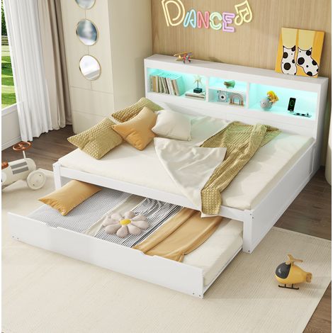 DESVIAE Lit banquette gigogne 140 x 200 cm avec éclairage LED ambiant télécommandé rangement latéral prise et ports USB blanc en panneaux de particules et MDF (1/5)