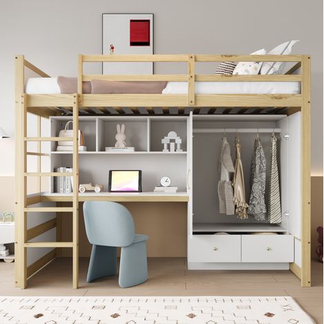 Letto a soppalco 90 x 200 cm con scrivania, armadio e cassetti, legno naturale e bianco DESVIAE (1/5)